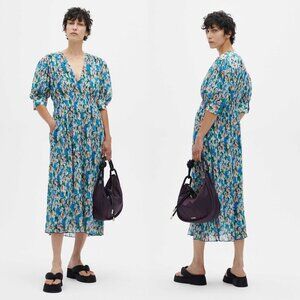 NWT New $325 GANNI Multicolor V-Neck Midi Floral Azure Blue Dress Size 42 US L